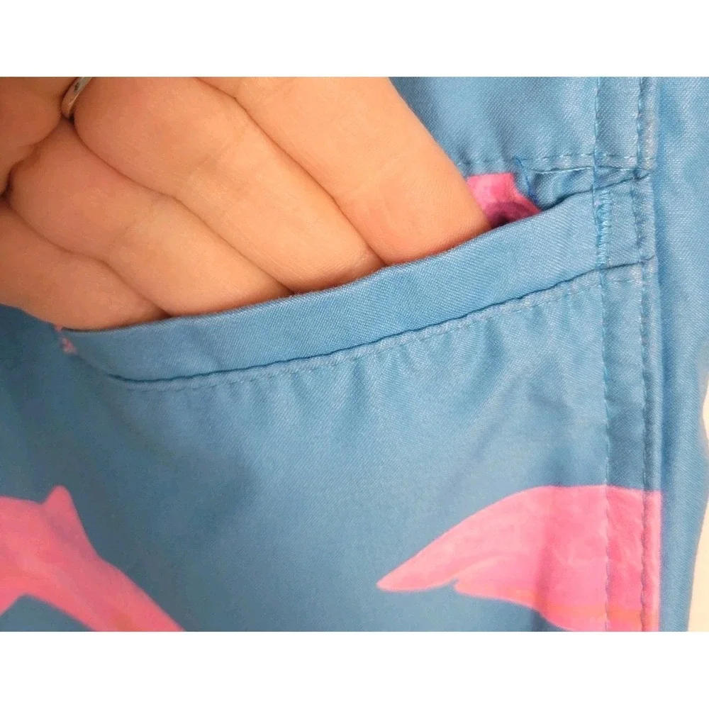 Native Blue Pink Shark Print Swim Trunks Mens M Board Shorts Zip Pocket Vacation